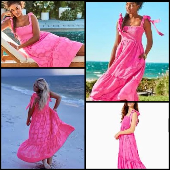 Lilly Pulitzer Rivera Cockatoo Pink Tiered Tie Shoulder Pockets Midi Dress M